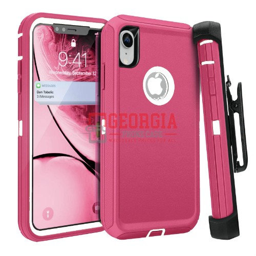 D5-Plain Pink White 6.1inch iPhone XR Hybrid Robot Hard Case With Belt Clip Heav…