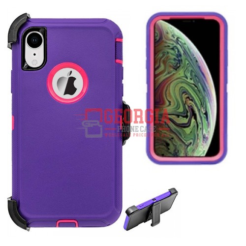 D6-Plain Purple Pink 6.1inch iPhone XR Hybrid Robot Hard Case With Belt Clip Hea…