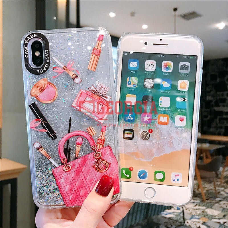 D53- iPhone XR 6.1inch Fashion Luxury Handbag Design Shining Quick Sand Cellphone Case Floating Sparkle Lip Stick TPU Back Cover – Georgia Phone Case