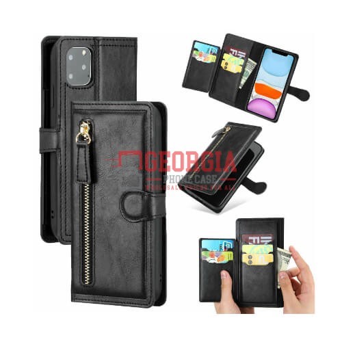 D104- Black iPhone 11 6.1inch Leather Zipper Wallet Case With Card Slot Magnetic Clasp Protective Cover – Georgia Phone Case