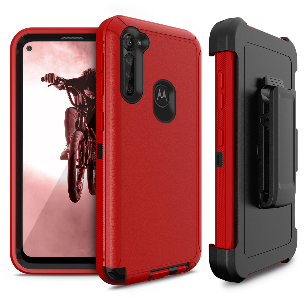 D4- Red Black 6.20inch Motorola Moto G8 Play (2019) XT2015 Hybrid Robot Hard Case With Belt Clip Heavy Duty Back Cover Defender Style – Georgia Phone Case