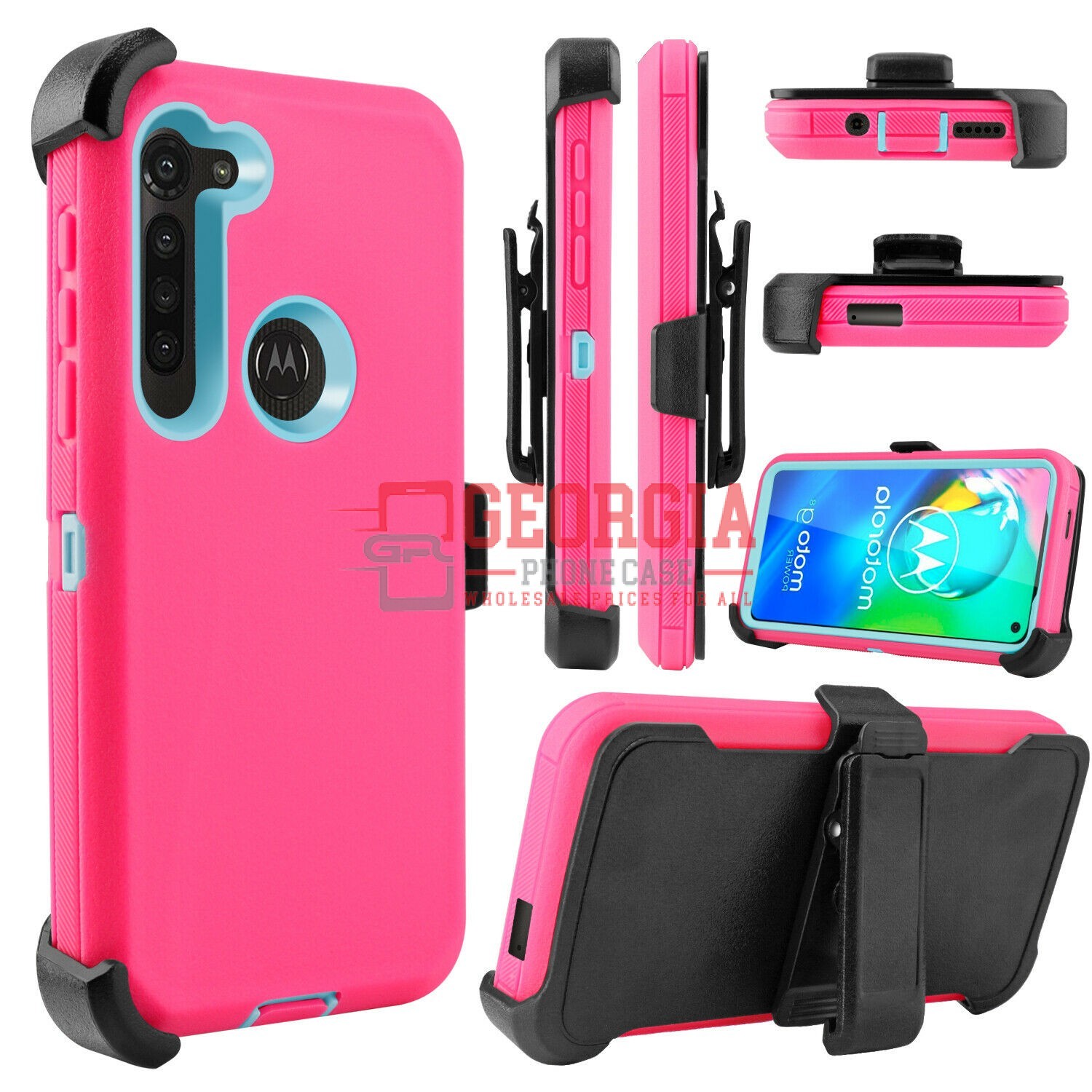 D5-Pink White 6.3 inch Moto G8 Plus Hybrid Robot Hard Case Heavy Duty Back Cover Defender Style – Georgia Phone Case