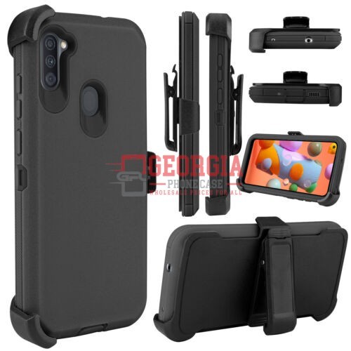 D1-Plain Black 6.5inch Samsung A21 Hybrid Robot Hard Case With Belt Clip Heavy Duty Back Cover Defender Style – Georgia Phone Case
