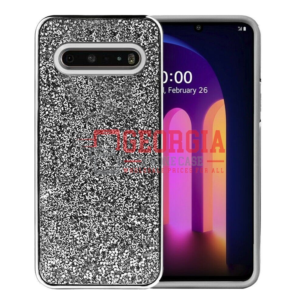 D39-Luxury Black Diamond 6.8 inch LG V60 Bling 2 in 1 Shockproof TPU Case Glitter Hard Back Cover