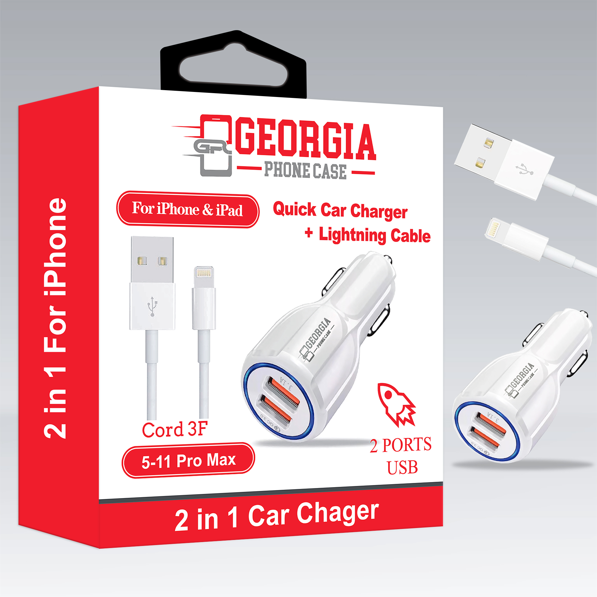 D206-2 in 1 Pack Car Charger, 1M  iPhone Cable Dual 2.1A 2 Port Dock USB  for iP…