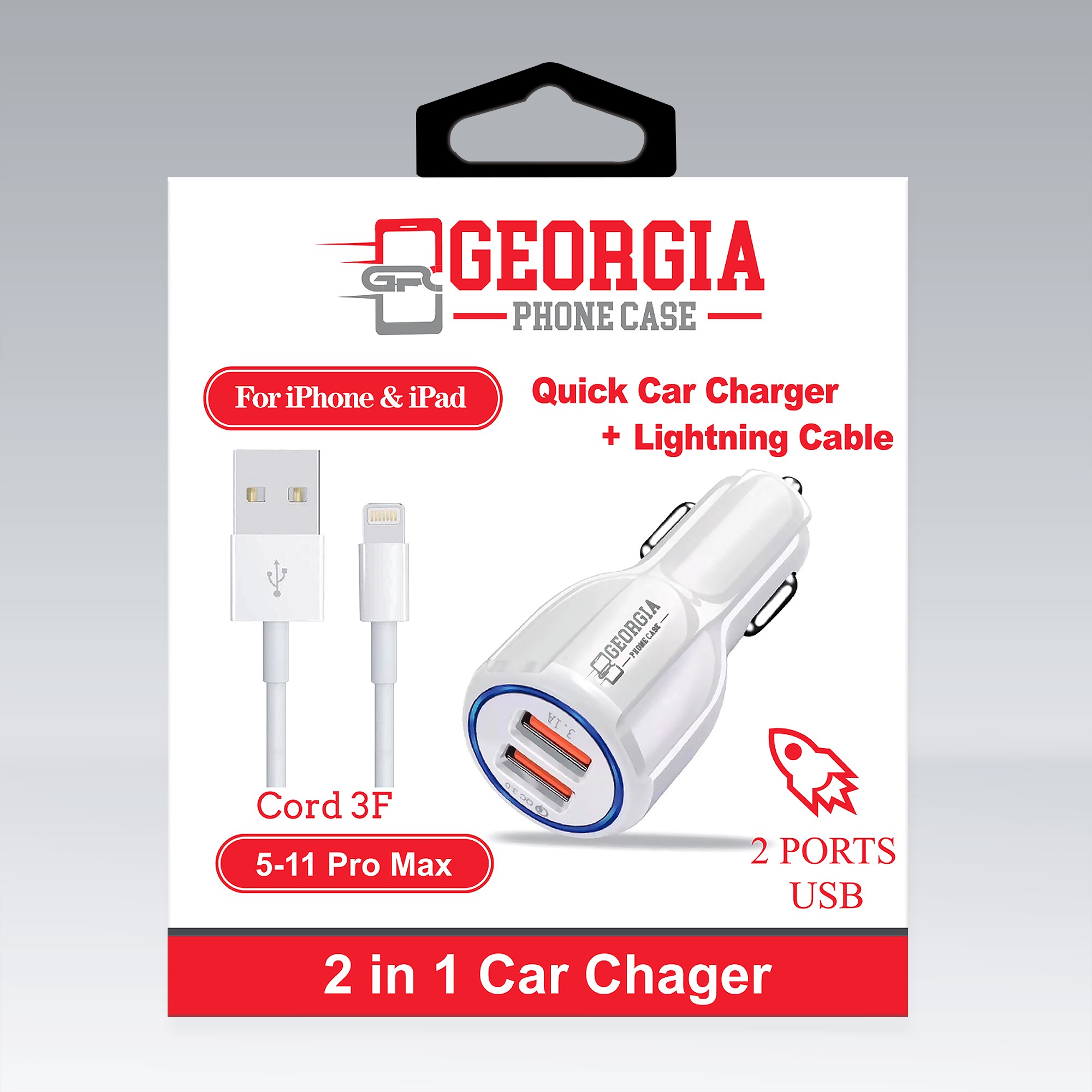 D206-2 in 1 Pack Car Charger, 1M  iPhone Cable Dual 2.1A 2 Port Dock USB  for iP…