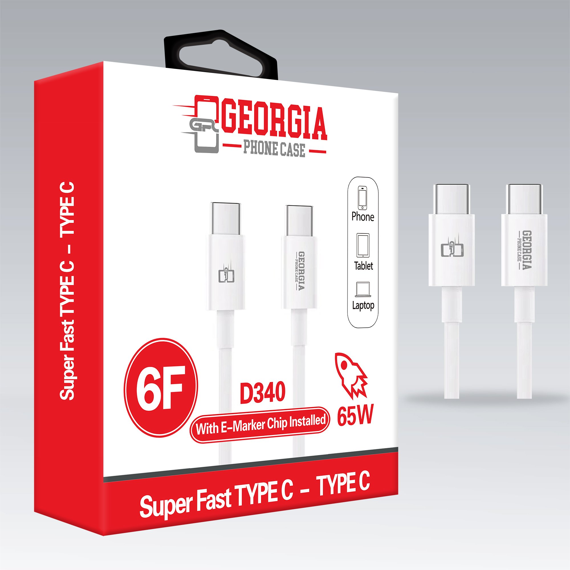 D340 – 6F TYPE C TO TYPE C 65W Fast Premium Charging Cable for Phones, Laptop & Tablet MacBook 15 Pro Max Samsung S21- Georgia Phone Case