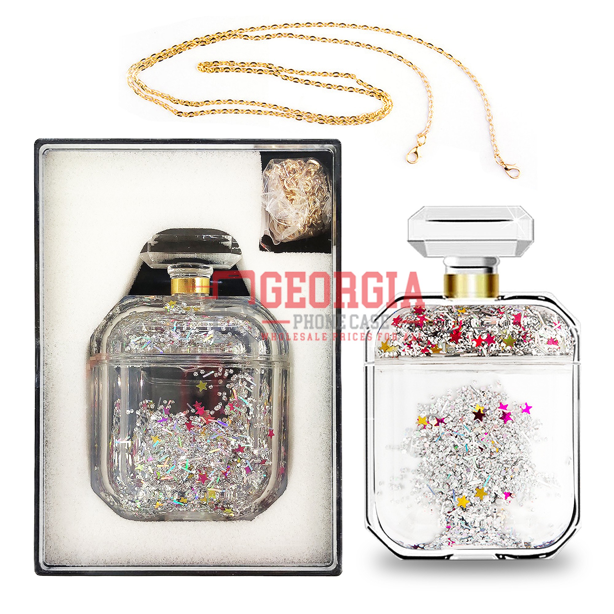D305 – Silver Perfume Bottle Case for AirPod 2nd Generation Liquid Glitter Diamond Waterfall with Chain – Georgia Phone Case