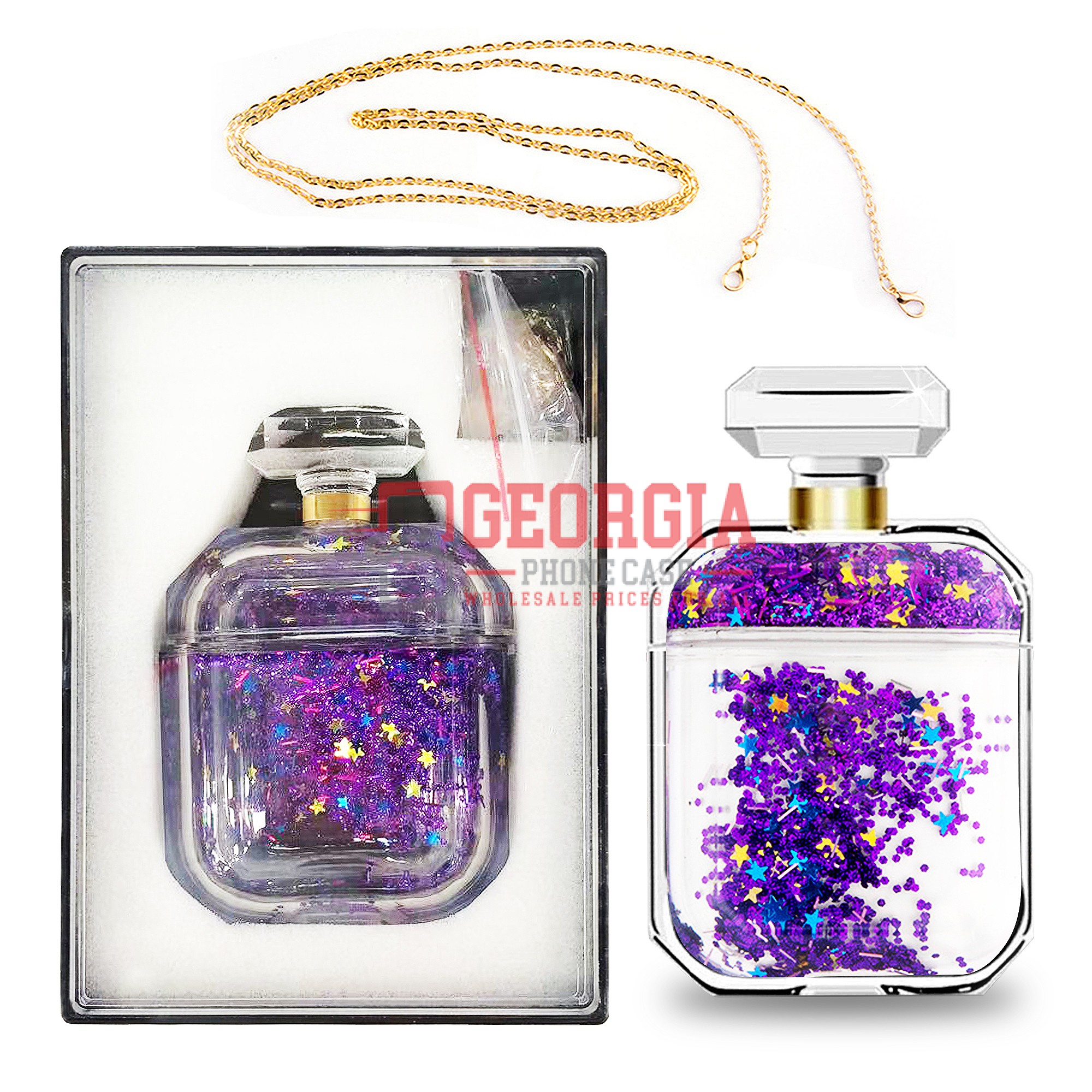 D302 – Purple Perfume Bottle Case for AirPod 2nd Generation Liquid Glitter Diamond Waterfall with Chain – Georgia Phone Case