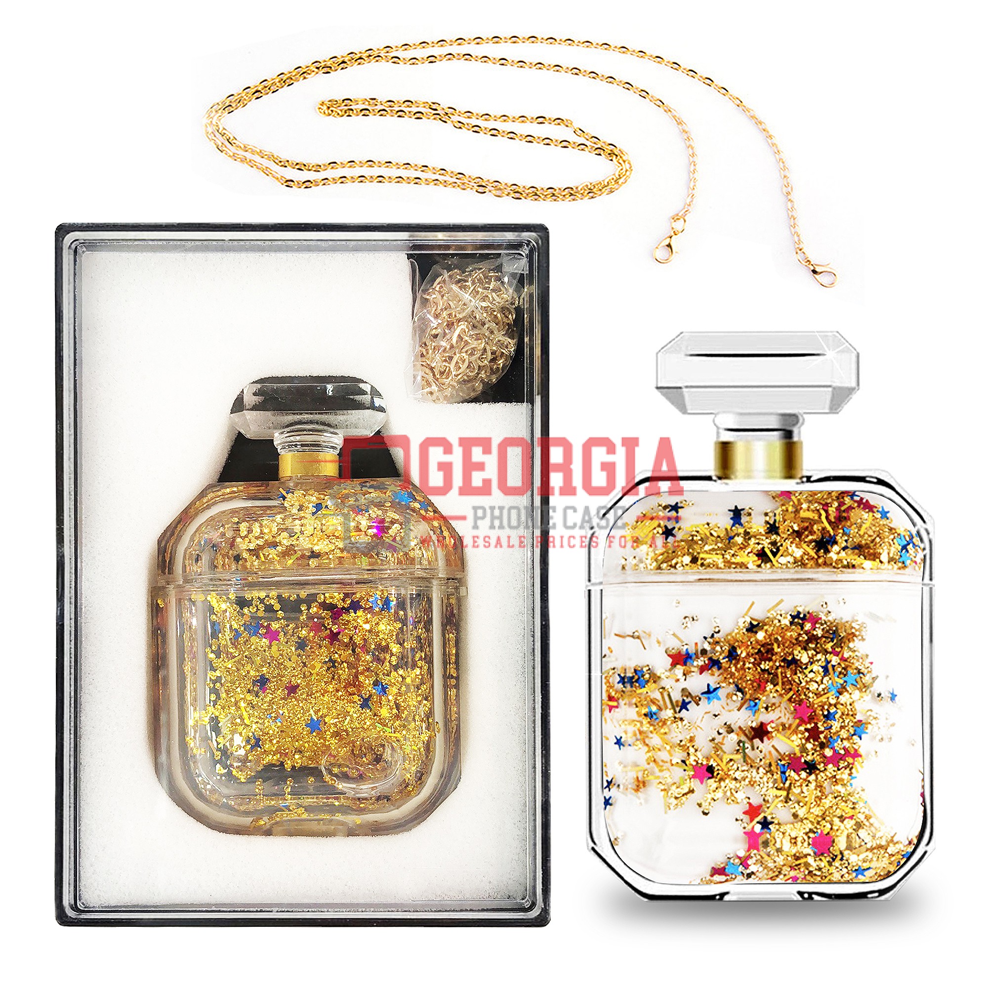 D304 – Gold Perfume Bottle Case for AirPod 2nd Generation Liquid Glitter Diamond Waterfall with Chain – Georgia Phone Case