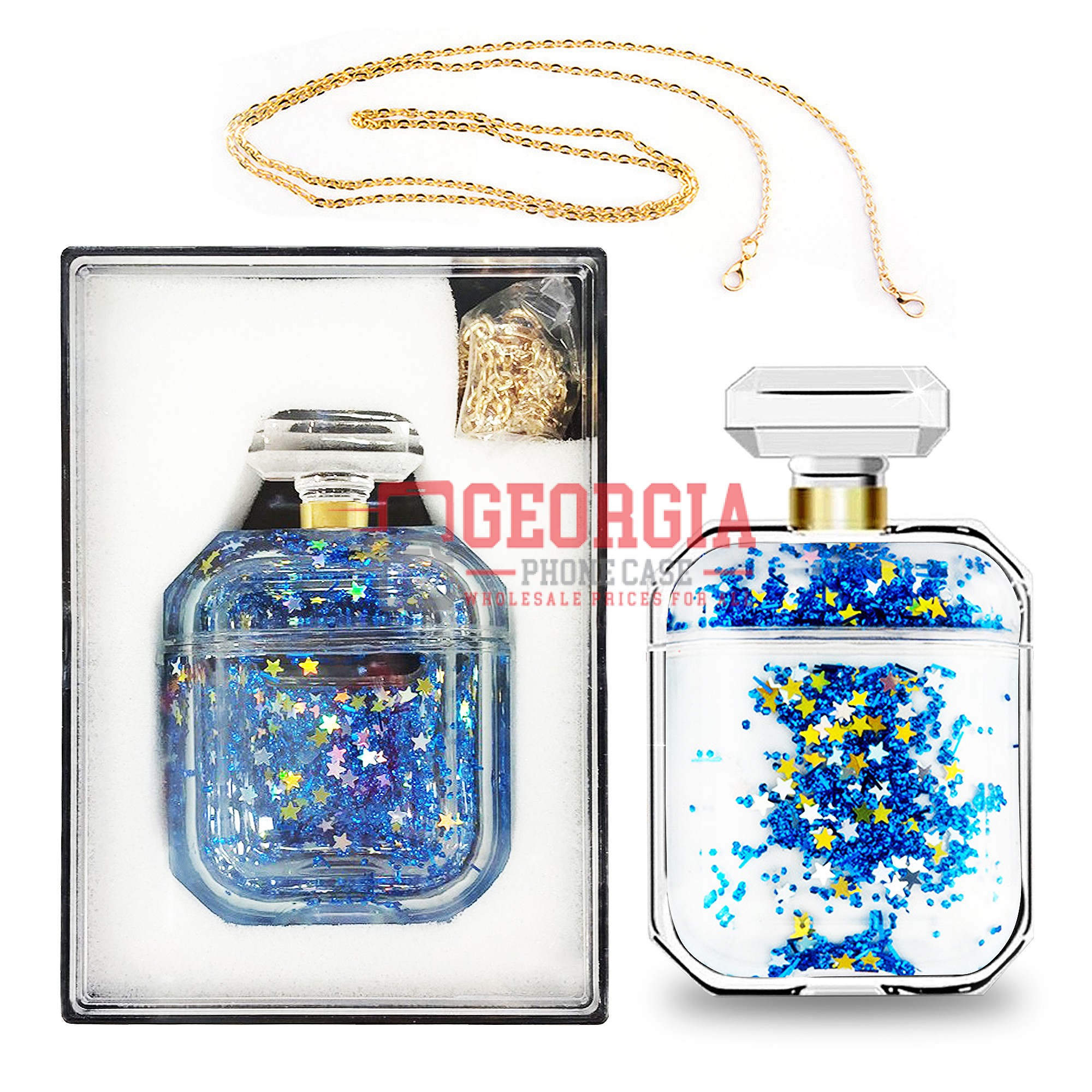 D301 – Blue Perfume Bottle Case for AirPod 2nd Generation Liquid Glitter Diamond Waterfall with Chain – Georgia Phone Case