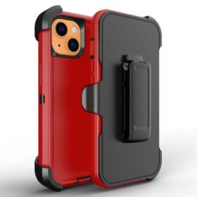 D4 - Plain Red Black 6.7 inch iPhone 14 Plus Robot Hard Case With Belt Clip Heavy Duty Back Cover - Georgia Phone Case