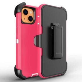 D5 - Plain Pink White 6.7 inch iPhone 14 Plus Robot Hard Case With Belt Clip Heavy Duty Back Cover - Georgia Phone Case