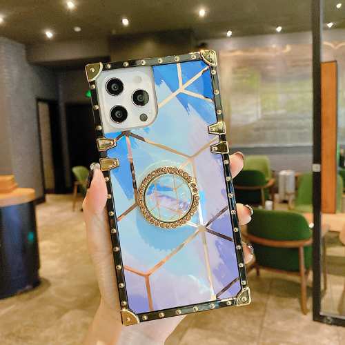 D336 – iPhone XR 6.1 inch Luxury Square Sky Blue Colorful Painting with Golden Electroplated Lines Protective Phone Cover with Kickstand – Georgia Phone Case