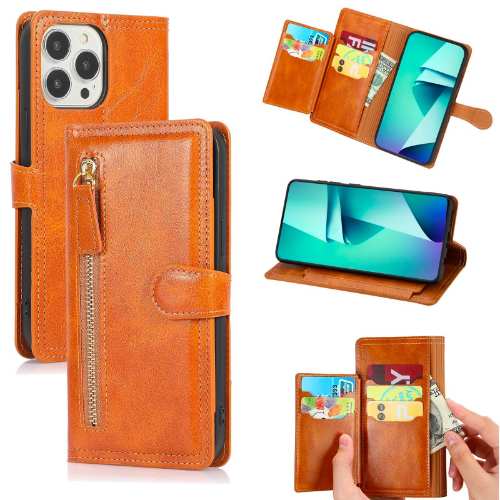 D107- Orange iPhone 13 6.1 inch Leather Zipper Wallet Case With Card Slot Magnetic Clasp Protective Cover – Georgia Phone Case