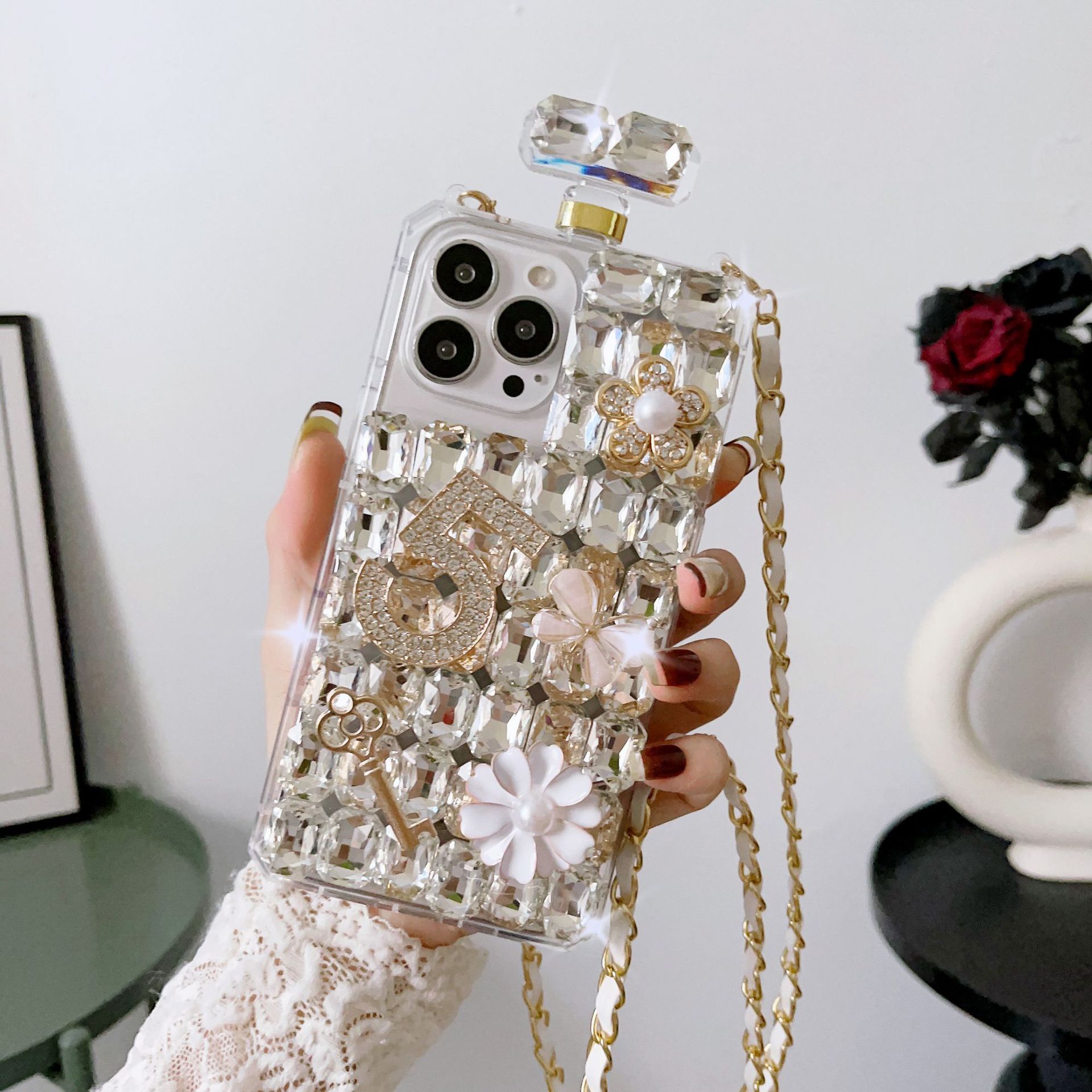 D456- Silver Bling Diamond Butterfly Perfume Bottle Case for iPhone 15 Pro Max 6.7 inch- Georgia Phone Case