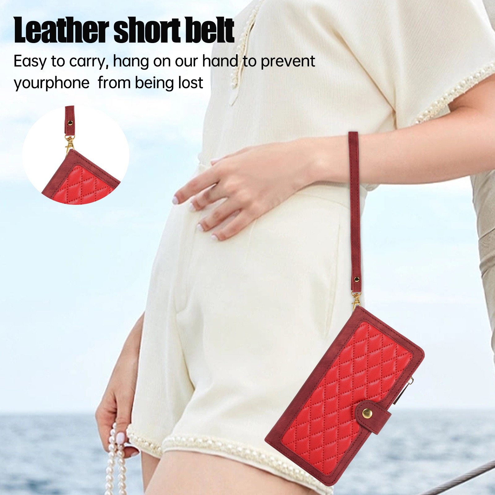 D457- Red iPhone 15 6.1 inch Zipper Case 9 Card Holders Purse Shockproof Leather Flip Wallet Handbag Zip Pocket Stand Magnetic with Strap Folio Phone Cover - GPC - Image 2