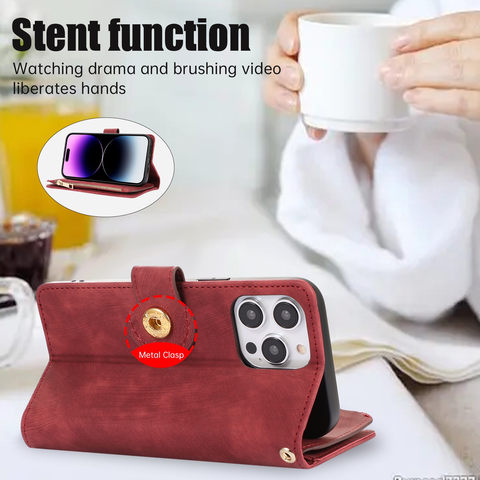 D457- Red iPhone 15 6.1 inch Zipper Case 9 Card Holders Purse Shockproof Leather Flip Wallet Handbag Zip Pocket Stand Magnetic with Strap Folio Phone Cover - GPC - Image 4
