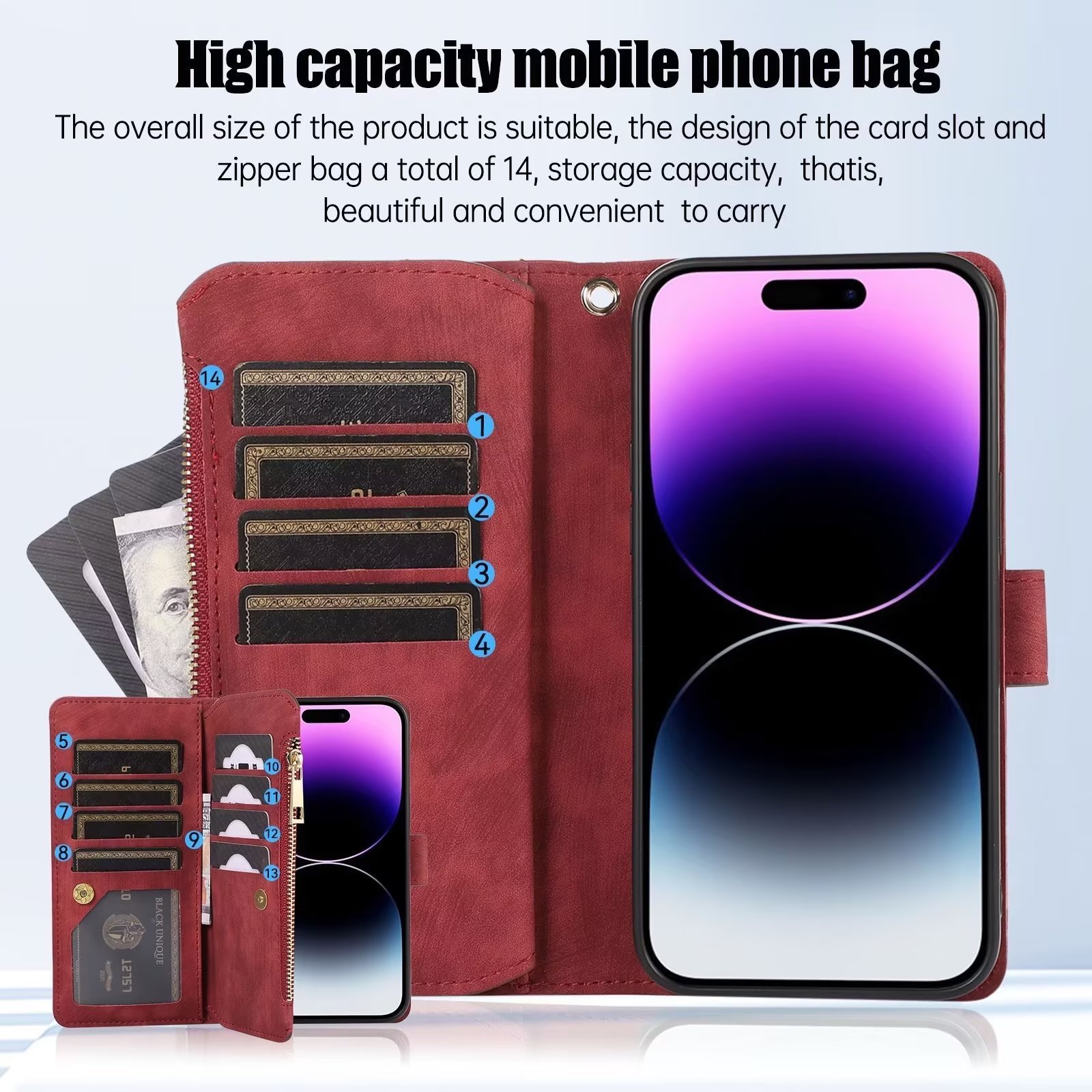 D457- Red iPhone 15 6.1 inch Zipper Case 9 Card Holders Purse Shockproof Leather Flip Wallet Handbag Zip Pocket Stand Magnetic with Strap Folio Phone Cover - GPC - Image 5