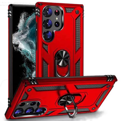 D63-Red Kick Stand Galaxy S23 Ultra 5G 6.8 Inch 360 Rotating Ring Stand Case wit…