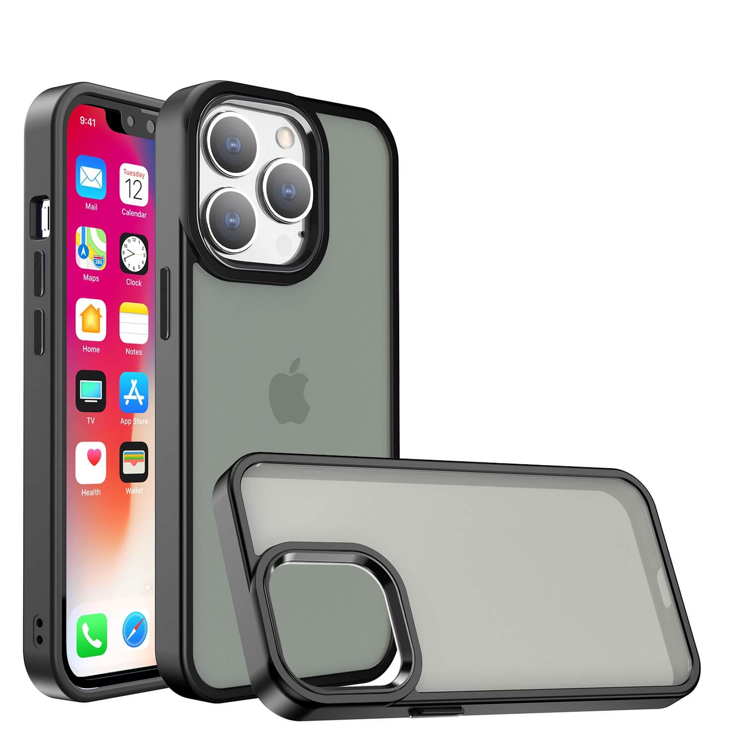 D85- Black iPhone 13 Pro Max 6.7 inch Polished Oil Thick Acrylic Metal Button Hy…