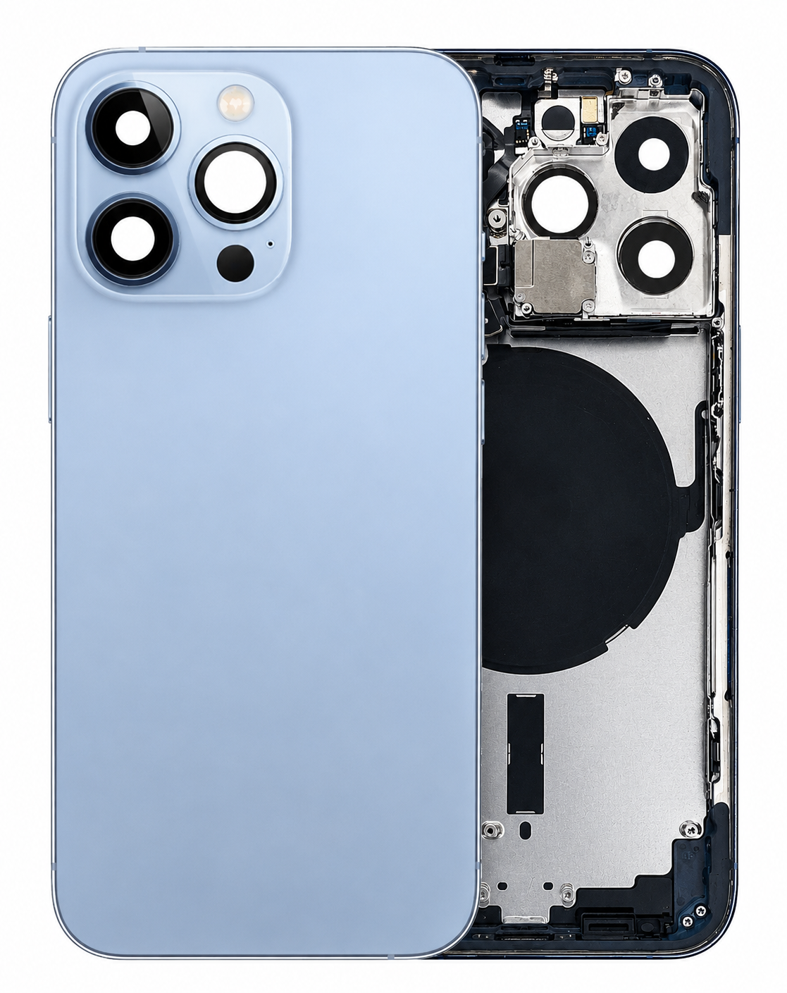 D16009- Blue Back Housing Frame with Charging Port & Small Components Pre-Installed for iPhone 13 Pro Max (US Version) OEM Pull